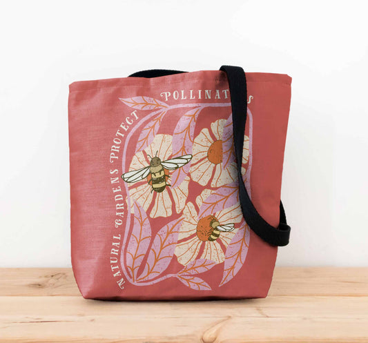 Save Pollinators Tote Bag, Save Mother Earth One Yard at a Time, Eco Message Gift for Environmentalists & Garden Lovers.