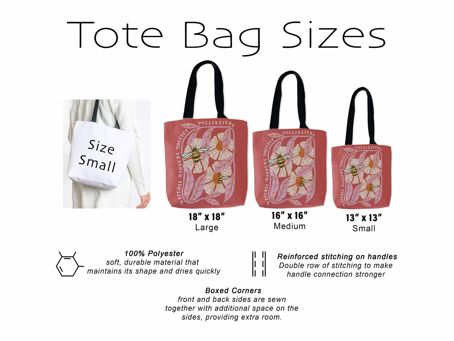 Save Pollinators Tote Bag, Save Mother Earth One Yard at a Time, Eco Message Gift for Environmentalists & Garden Lovers.