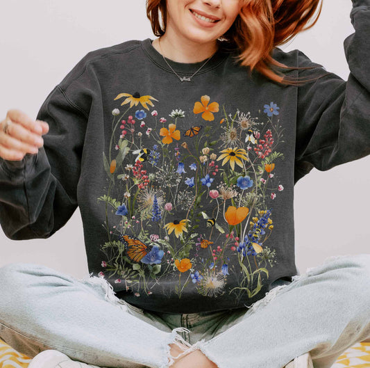 Native Wildflower Garden Comfort Color Sweatshirt, California Florals, Happy Monarch Butterfly & Bumblebee Pollinators. Choose Joy