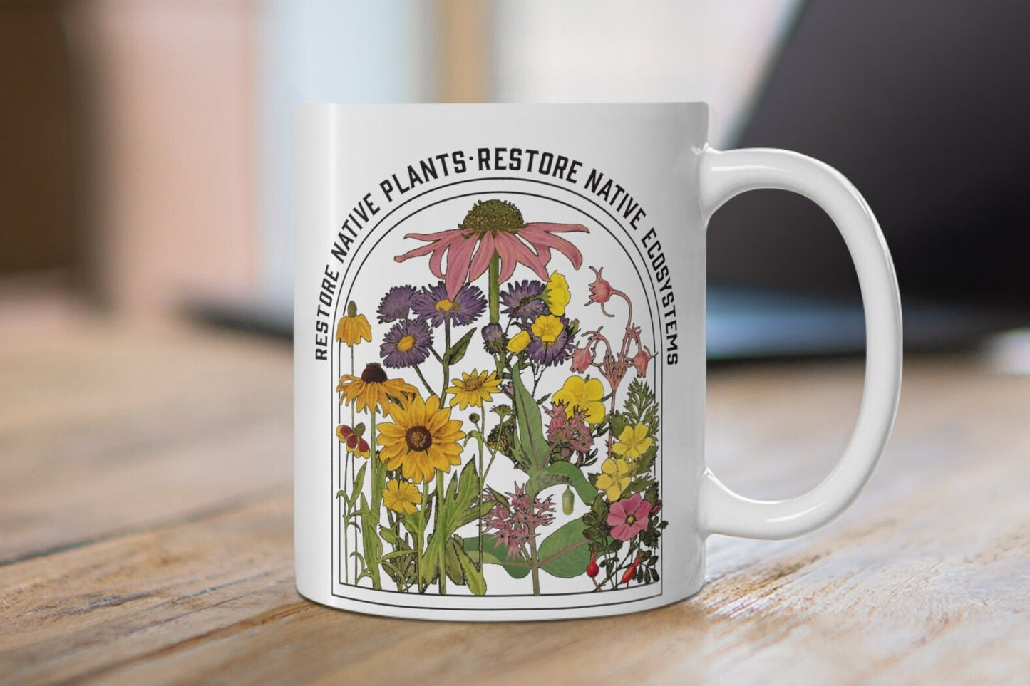 Save Native Plants, Ceramic Mug 11oz, Conservation, ecology, Nature Lover, Naturalist, Environment, Gardener, Monarch chrysalis, botanical