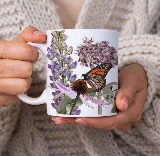 Monarchs on Native Plants Mug 11oz, ecology conservation gift for gardeners and nature lovers