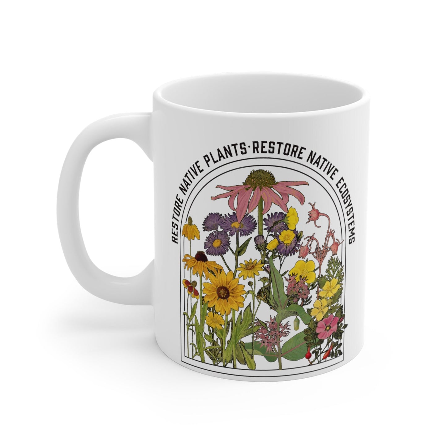 Save Native Plants, Ceramic Mug 11oz, Conservation, ecology, Nature Lover, Naturalist, Environment, Gardener, Monarch chrysalis, botanical