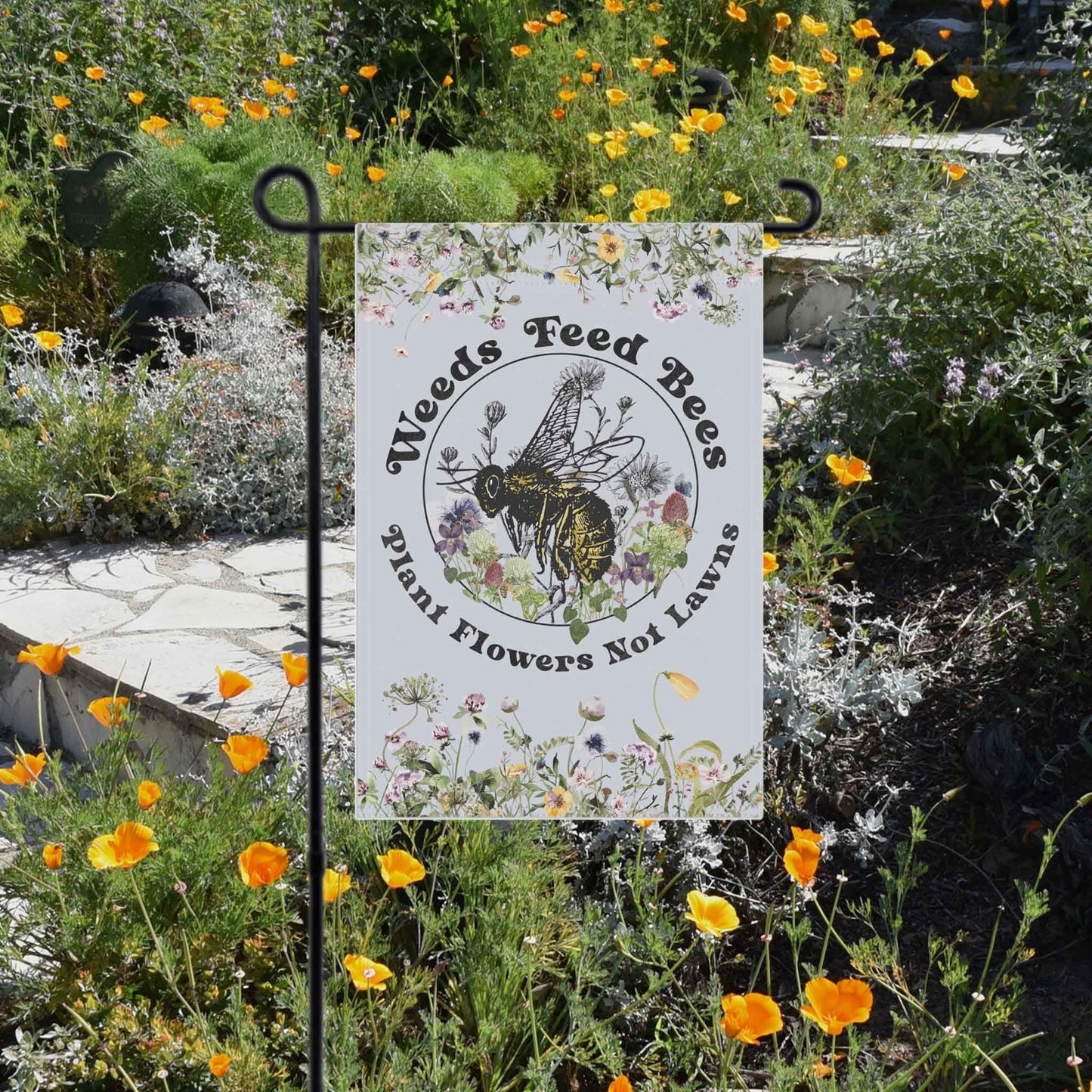 Weeds Feed Bees Garden Flag Banner, gardener gift, conservation, healthy yard message to protect our pollinators! Multi not monoculture