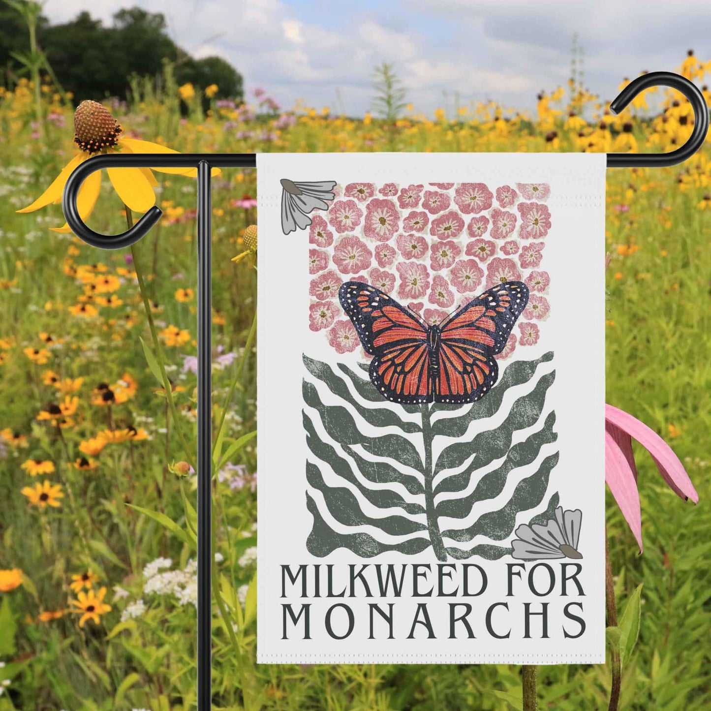 Monarch Milkweed Garden Flag House Banner, 12" x 18" Flower Market Boho Gardener, Matisse Style—Save the Monarchs one yard at a time!