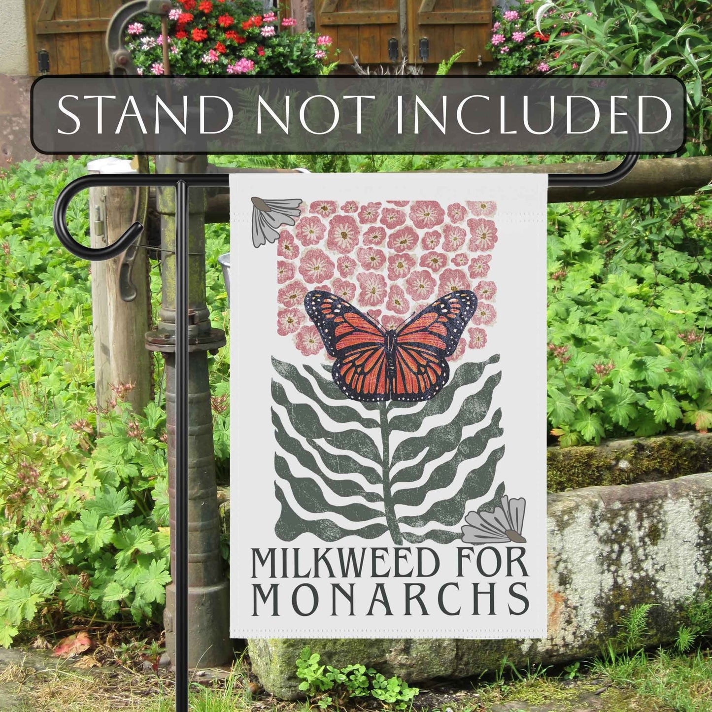 Monarch Milkweed Garden Flag House Banner, 12" x 18" Flower Market Boho Gardener, Matisse Style—Save the Monarchs one yard at a time!