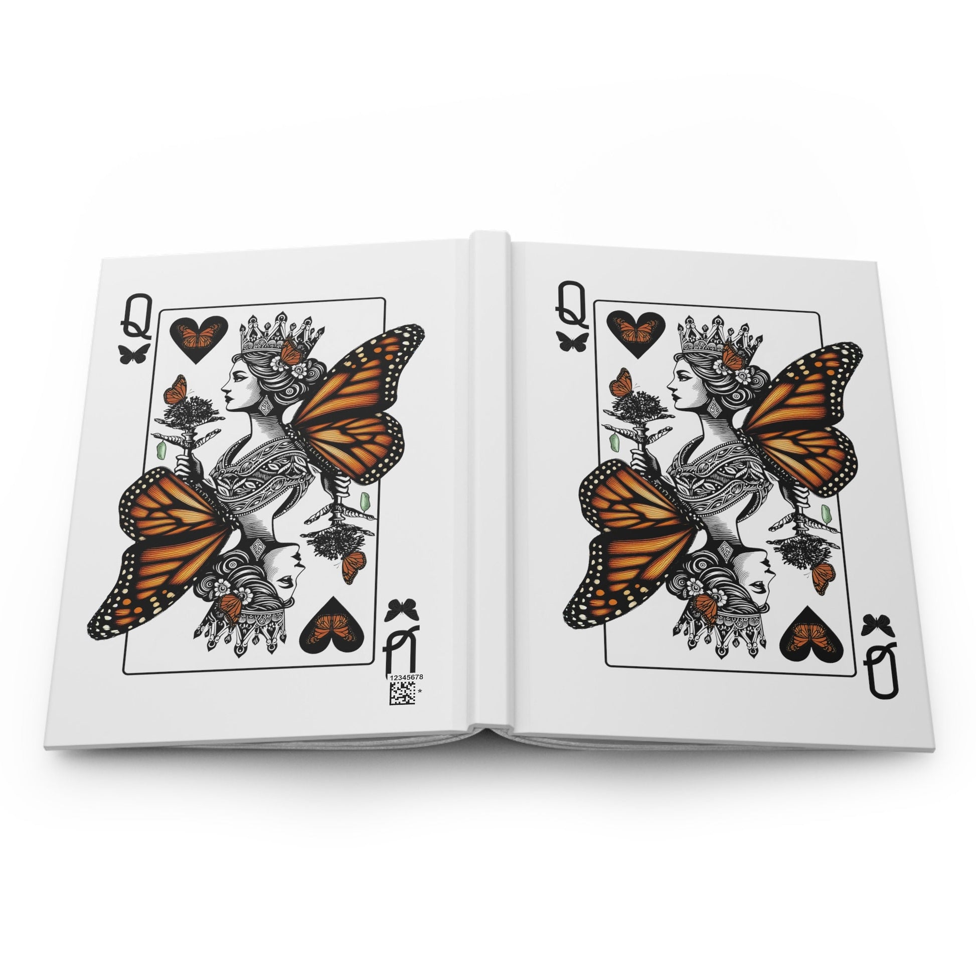 an open book with a picture of a queen of hearts and butterflies on it