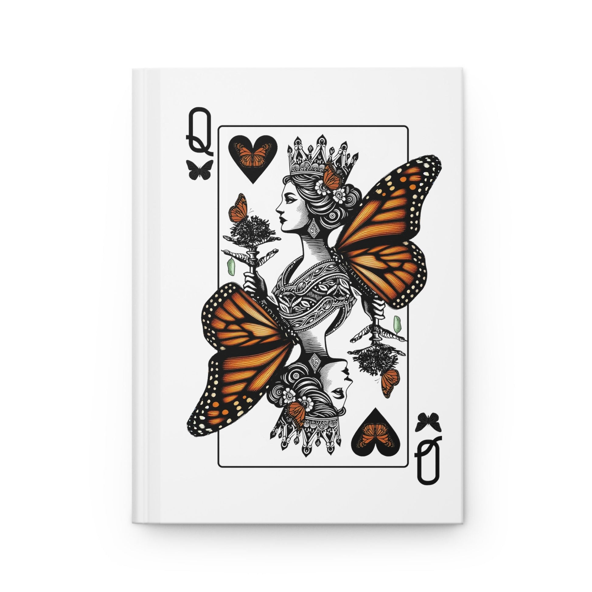 a playing card with a queen of hearts and butterflies on it