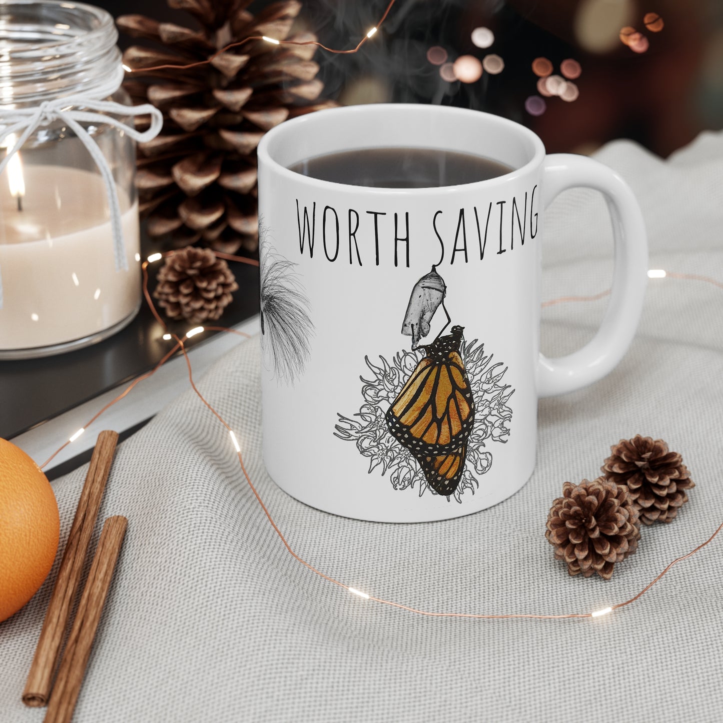 Worth Saving Monarch Chrysalis Eclosed Mug 11oz, Worth Saving, Environmental cause, nature lover, entomologist, metamorphosis, gardener gift