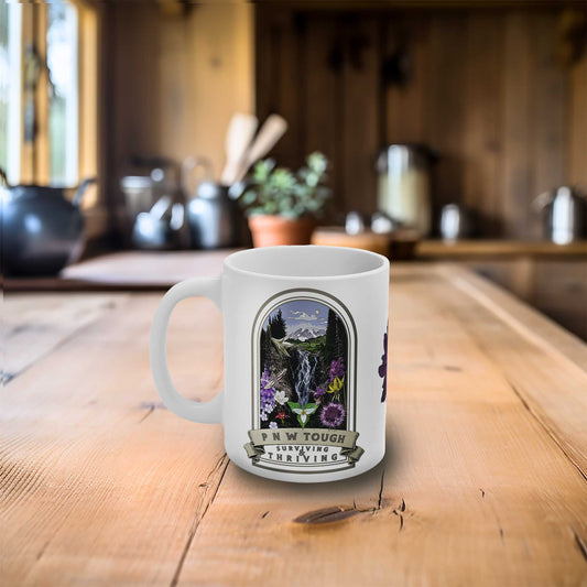 PNW Tough Native Plant Mug 11oz, Support the Environment with Native Plants. Celebrate Your Garden's Natural Strength. Thrive!