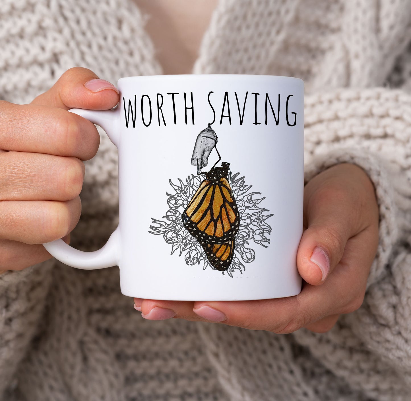 Worth Saving Monarch Chrysalis Eclosed Mug 11oz, Worth Saving, Environmental cause, nature lover, entomologist, metamorphosis, gardener gift