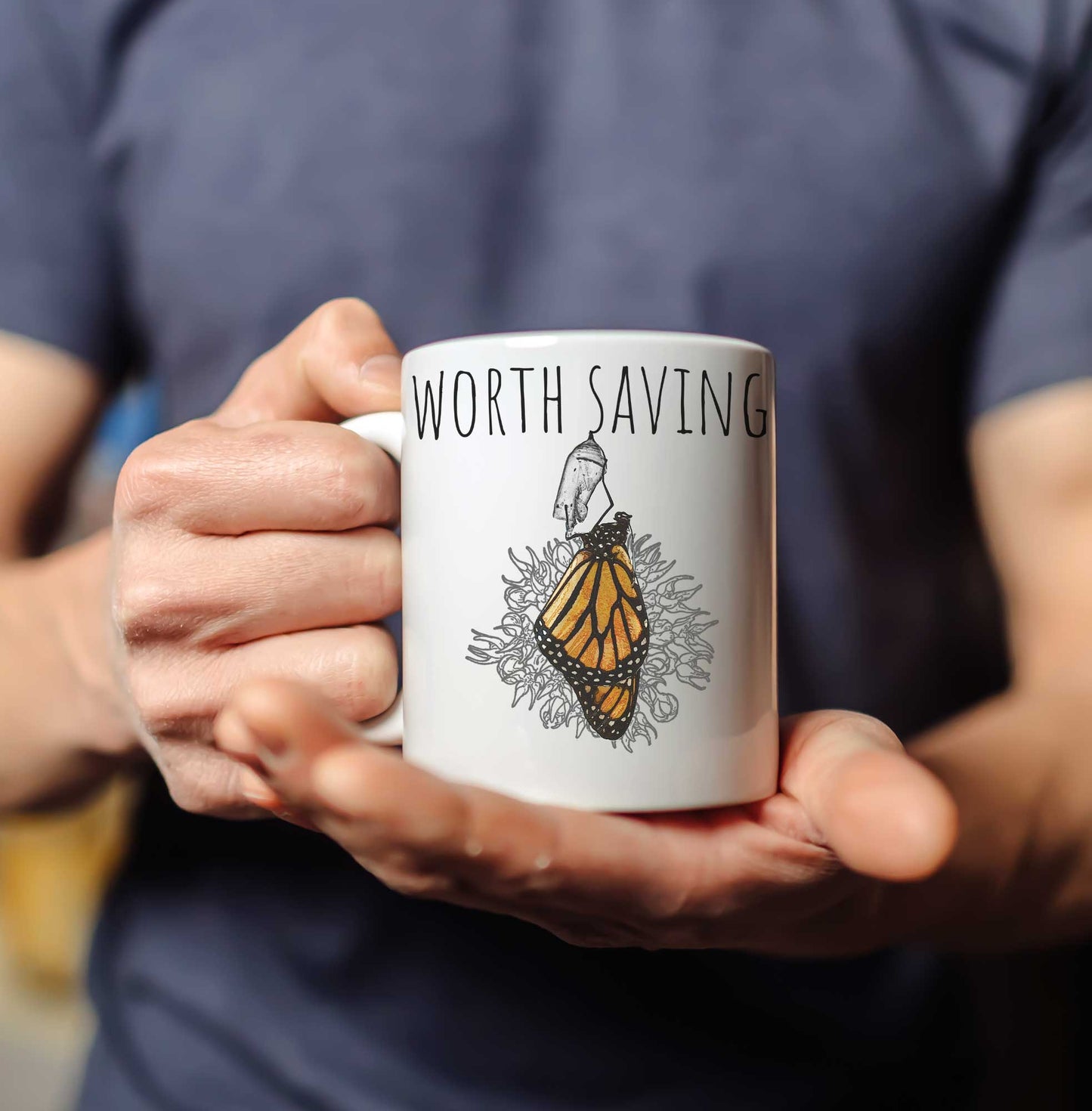 Worth Saving Monarch Chrysalis Eclosed Mug 11oz, Worth Saving, Environmental cause, nature lover, entomologist, metamorphosis, gardener gift